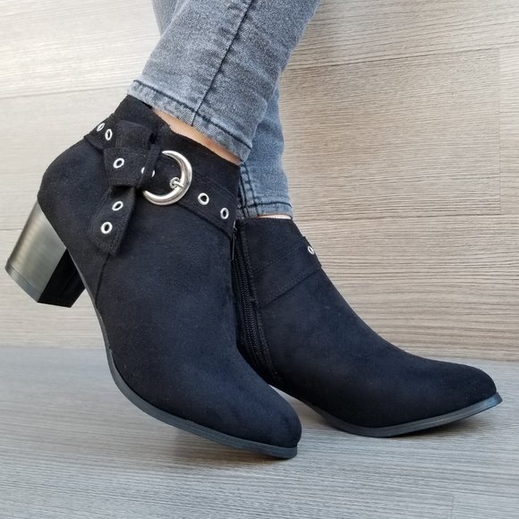 Shoes - Vegan Suede Ankle Booties with Silver Buckle